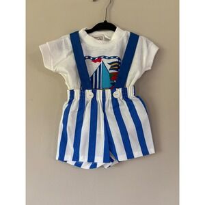 Vintage Lee Baby Boys Nautical Sailboat T-Shirt & Striped Suspenders Shorts Set